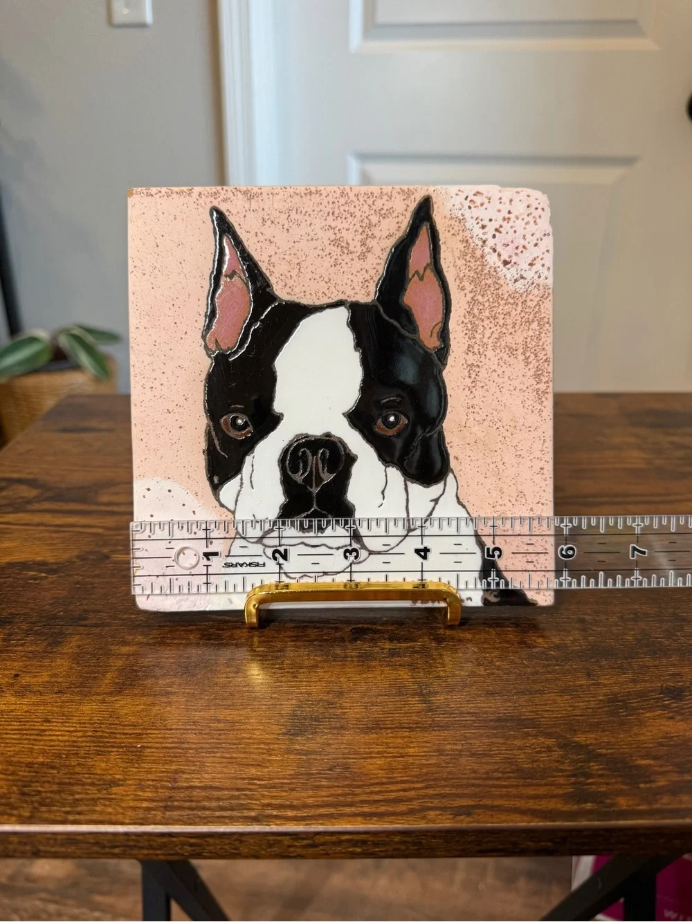 Vintage pumpkin, Inc Boston terrier, hand-painted tile